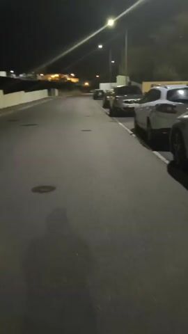A first-person perspective shot moves slowly down a residential street at night. Streetlights illuminate the road and several parked cars on the right side of the street. A person's shadow is cast on the road in front of the camera. The camera continues to move forward, passing by a white station wagon. The video ends as the camera continues down the street.