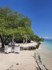 Tropical Indonesian beach resort documented with horse cart transportation