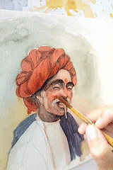 Watercolor portrait session in progress, Gagra, Abkhazia