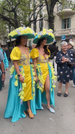 Street performers and costumed dog entertain crowds in Barcelona