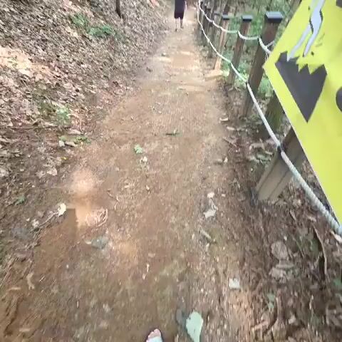 A first-person perspective video shows a dirt path in a forest. A person wearing a black shirt and shorts walks away from the camera, further up the path. The path is bordered on the right by a wooden fence with rope railings. The ground is covered in dirt, leaves, and some green foliage. The trees are tall and the forest appears dense. The video is approximately 5 seconds long.