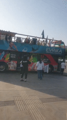 Press tour bus operates in downtown Shymkent, Kazakhstan
