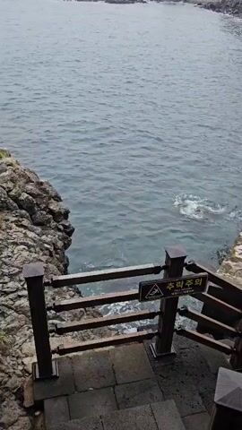The video shows a view from a paved pathway overlooking a body of water. There is a wooden railing with metal posts in the foreground, and stairs leading down. A sign with Korean text and a warning symbol is attached to the railing. The water is choppy, and there are rocks along the shoreline. Further back, the pathway continues along a stone wall, leading to a circular paved area with some raised circular features. Beyond that, there are more stone stairs and a bridge-like walkway with rope railings. The background is a rocky cliff face covered in green vegetation. The sky appears overcast.