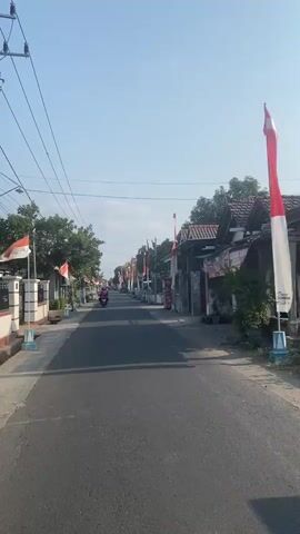 A residential street is shown with houses on both sides of the road. Red and white flags are hung along the street, indicating a celebration or holiday. A person on a pink scooter is traveling down the road. The sky is clear and blue, and trees are visible along the sides of the road. The overall impression is a quiet, sunny day in a village or small town.