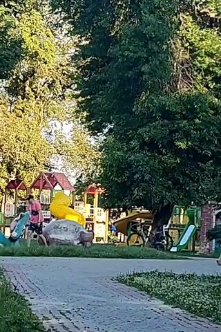 The video captures a daytime scene at a park playground. The foreground is partially obscured by a dark lamppost with a gold accent. Beyond the lamppost, a paved pathway curves through a grassy area. In the background, a vibrant playground complex with colorful structures, including slides and playhouses, is visible. A large yellow slide and a rock formation are prominent elements of the playground. To the left of the playground, a unique purple, fish-shaped play structure with a visible opening can be seen. Several people are present on the playground, including a person in a pink shirt on a blue slide, and another person in the distance near a yellow bicycle. The sun is shining, casting dappled light through the lush green trees that surround the park, suggesting it is a pleasant, clear day. The overall atmosphere appears relaxed and family-friendly. There is no visible text in the video.
