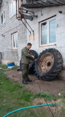 Man performs vehicle maintenance in Andreyevo yard with pets