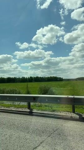 The video, shot from inside a moving vehicle, captures a picturesque landscape. The foreground is dominated by the road and a gray guardrail. Beyond the guardrail lies a lush, green field interspersed with small bodies of water. A dense line of trees marks the horizon, separating the field from the sky. The sky itself is a brilliant blue, dotted with fluffy white clouds. The overall impression is one of tranquility and natural beauty, viewed from the perspective of someone on a journey.