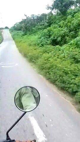 A first-person perspective video shows someone riding a motorcycle on a gray paved road. The road slopes upwards and has a white line down the center. Green foliage lines both sides of the road. A tall transmission tower is visible in the distance at the crest of the hill. The motorcycle has a black handlebar and a circular side mirror reflecting the rider's arm clad in a green sleeve. The speedometer is visible and reads "HONDA." The sky is overcast. The wind noise is audible.