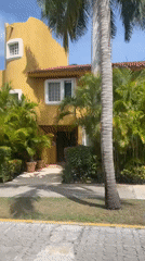 Vehicle travels tree-lined road past modern home in Playa del Carmen