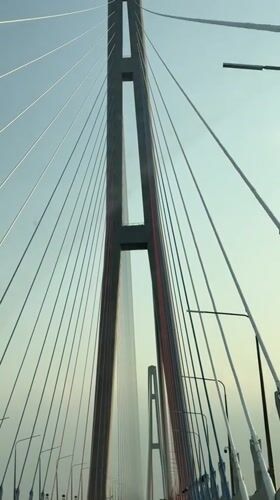 Vehicle crosses Russky Bridge in Vladivostok, Russia