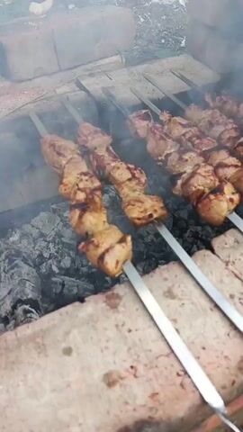 This is a close-up, overhead shot of several skewers of meat being grilled over hot coals. The meat appears to be pork, cut into bite-sized pieces and threaded onto metal skewers. The skewers are arranged in rows over a bed of glowing embers and ash, within a makeshift grill constructed from bricks. Wisps of smoke rise from the grilling meat, indicating it is actively cooking. The meat shows signs of charring and browning, with grill marks visible on some pieces. The background is slightly blurred, but appears to be an outdoor setting with some foliage. The focus is entirely on the food and the cooking process, with no people or other significant objects visible.