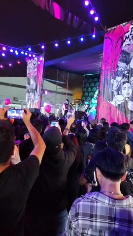 Here's a detailed description of the video:

The video shows a live outdoor concert at night. A crowd of people is facing a stage, where a band is performing. Many in the audience are holding up their phones, recording the show. 

The stage has a simple scaffold structure and banners with graphics on either side. String lights hang above the crowd, changing colors from red to green, blue, and purple. The overall atmosphere is lively and energetic. Most people in the crowd are dressed casually. The focus is on the performance and the shared experience of the event.