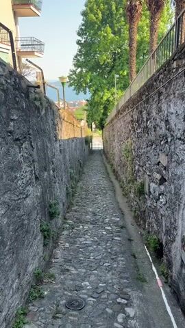 A narrow cobblestone path descends between two stone walls. The left wall is rough and weathered, with patches of moss and small plants growing in its crevices. The right wall is also stone, with a higher elevation, topped by a metal fence and lush green trees, including palm trees. Sunlight casts shadows on the left wall. At the top of the path, a crosswalk with white stripes is visible, leading to a street. Beyond the crosswalk, a body of water, likely a lake or sea, is visible in the distance, with buildings and hills lining its shores. A street lamp with a green shade stands on the left side of the path near the top. The sky is clear and blue. There are no people visible in the video. The overall impression is of a quaint, old European alleyway with a scenic view at its end.