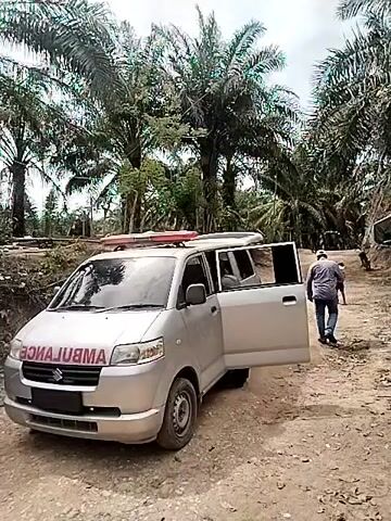 The scene shows an ambulance parked on a dirt road surrounded by palm trees. The ambulance, labeled "AMBULANCE," is silver with a red light bar on its roof. The van's passenger side door is open, and a man is closing it. Another man walks away from the ambulance along the dirt road. The setting is a rural area, likely a plantation due to the dense palm tree growth. The sky is overcast.