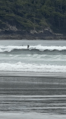 Surfers and beachgoers enjoy overcast evening at Tofino beach