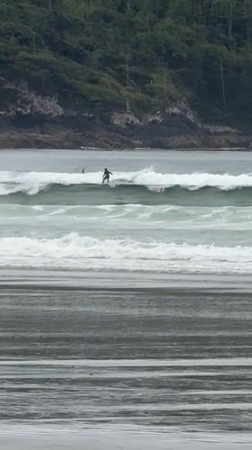 Surfers and beachgoers enjoy overcast evening at Tofino beach