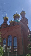 Visitor documents Orthodox cathedral interior and exterior in Pavlodar