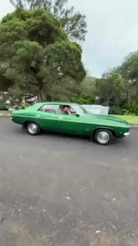 The video shows a green vintage car, with a man in the driver's seat, on a paved road. The car is parked, facing to the right of the frame. The man is looking out the driver's side window and speaking to someone out of frame. There are trees on either side of the road, and a light gray sky in the background.