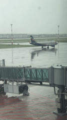 Routine rainy morning operations at Russian domestic airport terminal