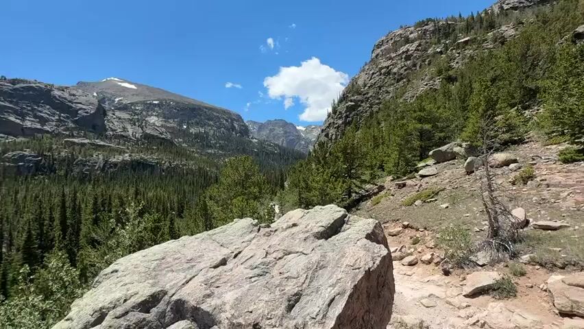 The video shows a panning view of a mountainous landscape under a clear blue sky with a few white clouds. In the foreground, there are large rocks and a hiking trail. The middle ground is filled with dense evergreen trees, creating a thick forest. Beyond the forest, majestic rocky mountains rise, some with patches of snow on their peaks. The camera pans from left to right, revealing the expansive natural scenery. There are no people or animals visible in the video. The overall impression is one of natural beauty and wilderness.