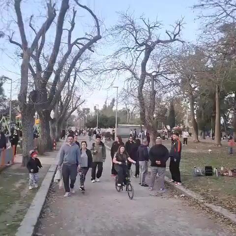 A wide shot of a park on a cool, overcast day. Many people are scattered throughout the park. On the left, a paved path runs parallel to a tree-lined area. Several individuals are walking on this path, including a man in a grey sweatshirt and dark pants, a woman in a grey sweatshirt and black pants, and a child in a red jacket and dark pants. Further up the path, a woman on a bicycle rides towards the camera.

The central part of the park features a grassy area with many people. Some are sitting on blankets, appearing to be picnicking or relaxing. Others are standing and talking in groups. Two trash cans are visible in this area, one green and one blue. In the background, more trees and people are present. A lamppost stands tall in the middle ground.

To the right, the park continues with more trees and grassy areas. A group of people are gathered on the grass, and a few individuals are walking. In the foreground on the right, a white light pole is visible. The overall atmosphere seems relaxed, with people enjoying the outdoor space.