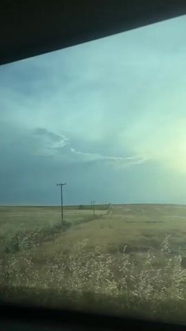 The video, shot from inside a moving vehicle, shows a view of a flat, grassy field under a sky with thin clouds and a bright sun.  Power lines stretch across the field from pole to pole. There's a narrow dirt path cutting through the field leading to what appears to be a small building or structure in the distance.  The foreground is filled with swaying vegetation, mostly light green or yellow. The color cast from the sunlight is strong.