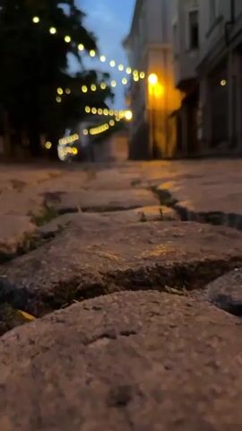This media file captures a low-angle, ground-level view of a cobblestone street in Plovdiv, Bulgaria. The scene is set at dusk or early evening, indicated by the soft, warm glow of streetlights and string lights illuminating the narrow street. The sky above is a dusky blue, with hints of clouds.

The street is lined with old, multi-story buildings, their facades weathered and their windows dark. One building on the right features a distinctive architectural element, possibly a balcony. A large, dark tree dominates the left side of the frame, its leaves casting shadows. String lights are draped across the street from the tree towards the buildings, creating a festive and inviting ambiance. A single, bright yellow streetlight casts a strong, warm illumination on the cobblestones and the side of a building.

The cobblestone pavement is the most prominent subject, with its textured, uneven surface filling the foreground. Patches of grass or weeds are visible growing between some of the stones, suggesting a well-established, perhaps historic, area. The depth of field is shallow, with the foreground cobblestones in sharp focus and the background street and buildings progressively blurred, drawing the viewer's eye down the lane.

While no specific event is depicted, the festive string lights and the twilight setting suggest a pleasant evening, possibly a time for leisure or outdoor dining in this part of Plovdiv. The overall mood is one of quiet charm and historical atmosphere, enhanced by the warm lighting against the darkening sky. No visible text is present in the media file.