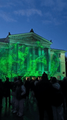 Projection mapping show transforms classical Perm building facade at night