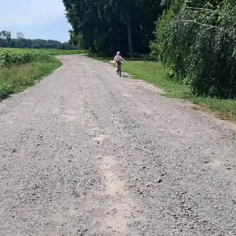 The video opens with a wide shot of a young person on a bicycle riding down a gravel path surrounded by trees and fields. The camera then pans and zooms in slightly to capture the person on the bicycle. The video then transitions to a closer view of the person on the bicycle. The next shot is of a dense, leafy tree. The video then cuts to a person sitting on the grass next to a large stone. Behind them is a large, modern house with a brown roof and yellow siding, surrounded by a fence and manicured bushes. The camera remains focused on the person sitting on the grass.