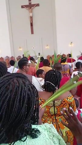 The video shows the inside of a church during a Palm Sunday celebration. A crowd of people, including adults and children, are holding palm branches and waving them. The camera is positioned behind some of the attendees, offering a view of the congregation and the altar. The church is brightly lit, with a large crucifix hanging on the wall behind the altar. People are singing or chanting during the service.