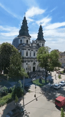 Morning scene captured at twin-tower church in Ternopil square