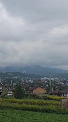 This is a vertical, wide-angle, exterior video of a rural landscape under an overcast sky. The foreground features a patch of green grass and yellow wildflowers. Behind the wildflowers are several houses, some appearing to be under construction. Further in the background, a town is visible with more houses and buildings. In the distance, a range of tree-covered mountains can be seen, partially obscured by clouds and mist. The overall atmosphere is subdued and natural, with no visible people or specific actions taking place.
