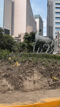 Bronze charro sculpture and street view documented in Mexico City