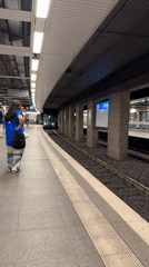 Woman waits as green subway train arrives Frankfurt station