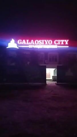 The image captures a nighttime view of a building, prominently featuring a large, illuminated sign above its entrance. The sign displays the words "GALAOSIYO CITY" in bright, pink-red capital letters, with a graphic silhouette of a building or city skyline to its left, also illuminated. Below the main text, there appears to be smaller, illegible text.

The building itself is dark, with only some windows and architectural outlines faintly visible, suggesting a multi-story structure. A centrally located entrance door emits a warm, bright light from within, illuminating the immediate doorway area. The foreground consists of a dark, unpaved or dimly lit ground leading up to the entrance. The overall scene is characterized by the darkness of night, with the artificial lights of the sign and the building entrance providing the primary illumination. The setting is identified as Galaasiya, Uzbekistan, aligning with the visible text on the sign. No people or specific activities are depicted in the static shot.