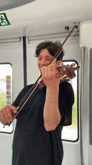 Violinist performs aboard moving train in Sant Boi de Llobregat