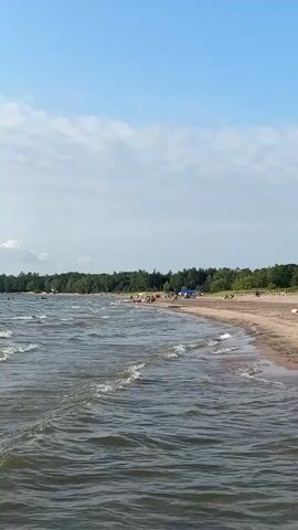 The video pans across a beach and a body of water. In the foreground, gentle waves lap against the shore. The beach is sandy and dotted with a few people, some sitting under umbrellas. A line of trees forms a backdrop to the beach, and the sky is mostly clear with a few scattered clouds.