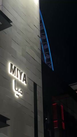 At night, a brightly illuminated “MIYA” sign is visible on the gray, textured wall of a building. Below it is the same name in Arabic. Above the building, the illuminated structure of a Ferris wheel is partially visible, appearing in various colors. The background is dark.