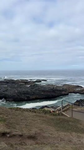 The video shows a cloudy day at a rocky coastline. The ocean is visible with waves crashing against dark, rocky formations. In the foreground, there is a grassy hill with a path and a railing. Several people are scattered throughout the scene, some walking along the path and others standing on the rocks near the water. One person is wearing a light-colored hoodie and shorts, another is wearing a dark hoodie, and a third is in a light blue and white patterned shirt. A fourth person is visible sitting down on the grass in the far right of the frame. The path leads down towards the rocky area, and some of the people appear to be descending these steps. The overall atmosphere is calm and scenic.