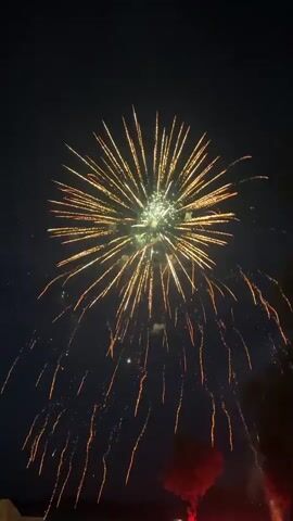 The video shows a fireworks display against a dark night sky. The fireworks are primarily gold and white, bursting outwards in a spherical pattern. Some of the fireworks also have streaks of red and green. The fireworks are seen exploding at various heights and intensities. In the lower part of the frame, there are some blurry red and dark shapes that appear to be trees or buildings. There are no people clearly visible in the frame. The overall impression is one of a celebratory event.