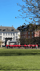 Teenagers in red shirts run through Copenhagen park near castle