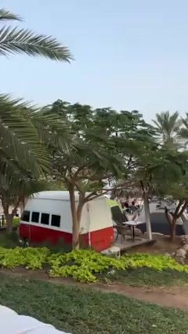 The video shows a campground with colorful VW camper van replicas serving as camping cabins. The vans are painted in red, yellow, brown, and pink, all with white roofs. They are arranged among trees, including palm trees, and tents, with a beach and water visible in the background. People can be seen walking around in the distance. The sky is overcast.
