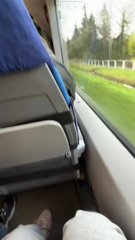 The video is shot from inside a train, focusing on the view outside the window. A blurred landscape of green grass, trees, and a white fence rushes by.  Inside the train, a blue headrest and the back of a seat are visible, with a person partially visible in the seat ahead.  The camera appears to be held by a person sitting down, as their legs are seen in the foreground, clad in gray sweatpants.  The interior of the train is clean and utilitarian.  The overall impression is of a train journey, with the outside world passing by.