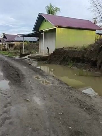 The video shows a muddy, water-filled ditch next to a dirt road. A small, light green building with a red roof is visible on the left, with a pile of dark soil next to it. A palm tree with a blue plastic bag tied to it stands on the pile of soil. The background is filled with more piles of soil, vegetation, and palm trees under a cloudy sky. The scene appears to be a rural area, possibly affected by recent rain or construction.