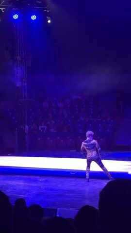 Two performers, dressed in patterned costumes, are engaged in an acrobatic routine on a brightly lit stage. The stage is surrounded by tiered seating filled with an audience. The performers are seen in mid-air, executing flips and jumps, with a blue light illuminating the performance area. One performer is in the foreground, bent over, while the other is in the background, in the process of a jump or flip. The overall atmosphere suggests a circus or performance show.