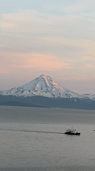 Kamchatka volcanoes glow at golden hour over Avacha Bay