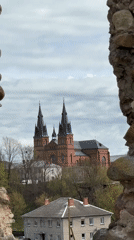 Tourist documents historic Rezekne ruins with dandelions, church views
