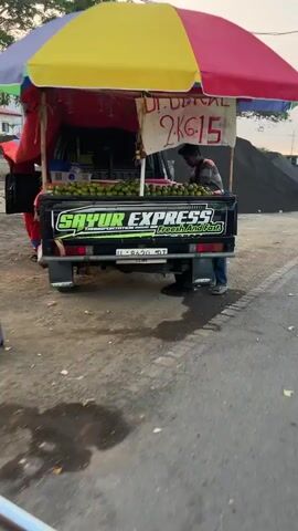 A man stands behind a pickup truck converted into a food stall. The truck has a colorful umbrella for shade and is filled with produce. The man is wearing a striped shirt and appears to be organizing the fruit. The environment seems to be an outdoor market or roadside stall.