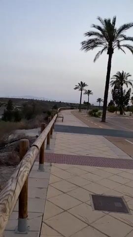The video captures a scenic coastal path in Vera, Spain, at dusk. The scene transitions from a paved walkway with a wooden railing to a view of wetlands and distant buildings.

In the initial frames, a paved path is visible, bordered by a weathered wooden fence. The path appears to be a walkway or promenade, suggesting a public recreational area. The surrounding landscape on the left is dry and arid, with sparse vegetation and rocky terrain. Palm trees are visible in the distance, indicating a warm climate. The sky is a pale, hazy blue, characteristic of late evening or early morning.

As the video progresses, the perspective shifts to show a body of water, likely part of a coastal wetland or salt flat, with islands of vegetation. The water is calm and reflects the muted tones of the sky. In the background, a town or resort area is discernible, with buildings and lights suggesting human habitation. The overall atmosphere is serene and tranquil, with the fading light contributing to a peaceful ambiance. The location cues like palm trees and the dry landscape strongly point to a Mediterranean coastal setting, confirmed by the provided context of Vera, Spain. There is no visible text in the media file.