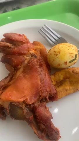 A white plate with food on it sits on a green tray. On the plate is a pile of cooked meat, a boiled egg, and a fried plantain. There is a fork resting on the plate. The meat appears to be cooked to a crispy state and is reddish in color. The egg has some type of seasoning on it. The lighting is bright.